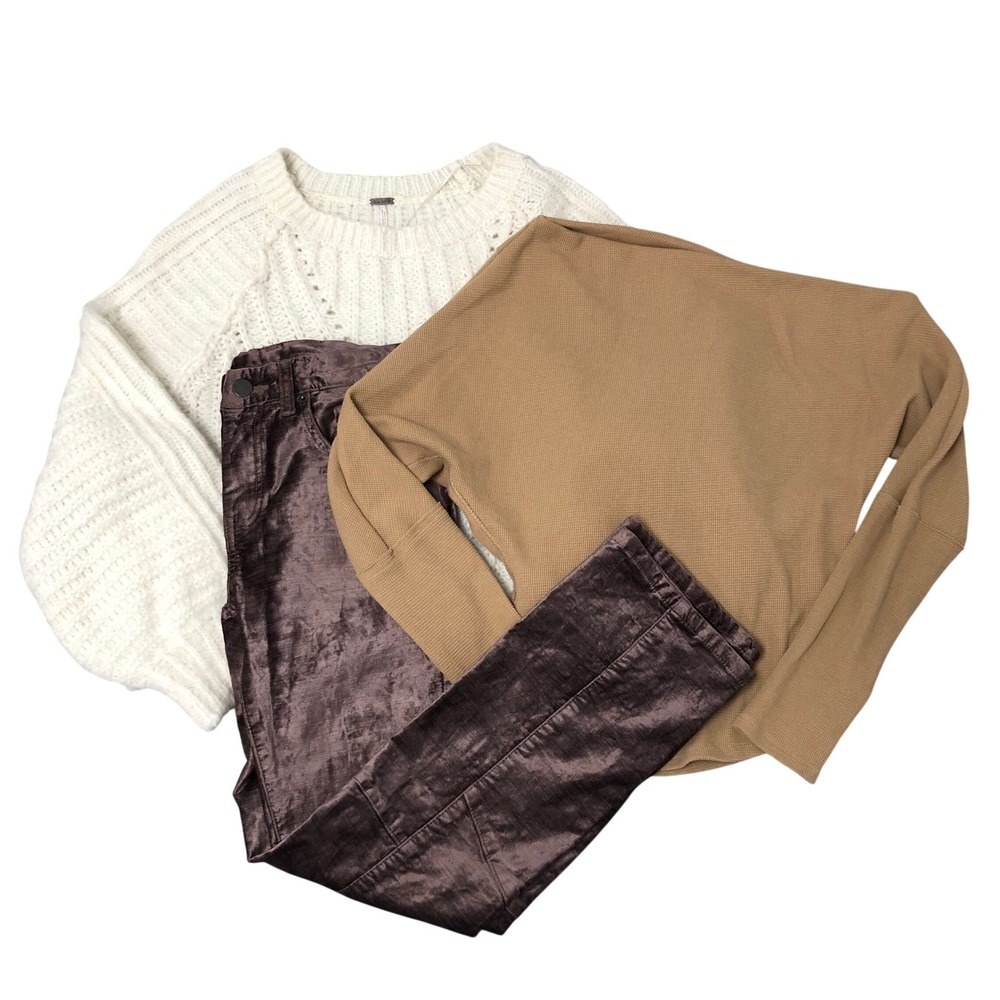 Free People Clothing Lot Women XS Adult Cream Tan Brown Sweater Thermal Pants